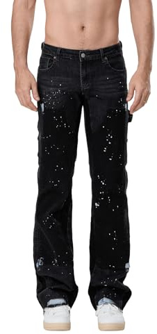 SANSIWU Herren Y2k Micro Flare Jeans, modisch, Tintenspritzer, Patchwork, Denim-Hose, Frühling, lässige Jeans mit Taschen, Schwarz , S