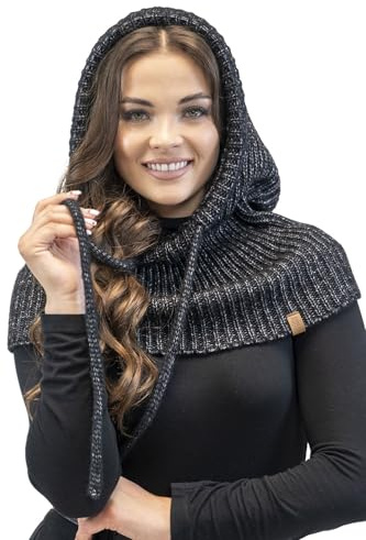 Vivisence yllehuva för kvinnor snygg och funktionell kombination av hatt och snodd tillverkad av mjuk lammull och bomullsblandning justerbar dragsko och kallt skydd, Svart, one size