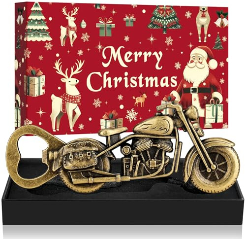 LKKCHER Apribottiglie per birra a forma di motocicletta con confezione natalizia, regali di Natale per uomini papà marito, regali motociclistici per motociclista, in bronzo con confezione natalizia e
