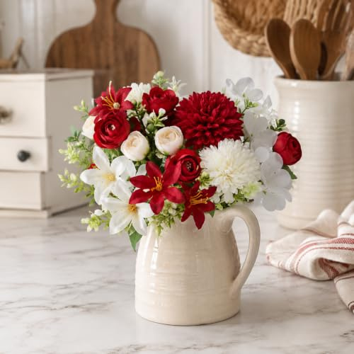 astylishome Hortensias artificiales, 12 unidades, flores de bola de imitación para el hogar, jardín, fiesta, oficina, decoración de novia, ramos de boda, arreglo floral, blanco y rojo 2119