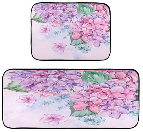 Küchenteppiche, 2 Stück, rutschfest, waschbar, violette Hortensien, Blütenblätter, Anti-Ermüdung, Bodenmatte, Stehmatte für Küche, Flur, Läufer Set