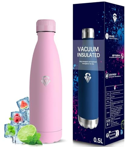 Grsta Borraccia- 500 ml- Borraccia Termica, Senza BPA, Borraccie Acciaio Inox, Senza Perdite, Borraccie Metallo, Acciaio Inossidabile 18/8, Borracce per Scuole, Campeggio, Uffici, Viaggio, Caffè, Rosa