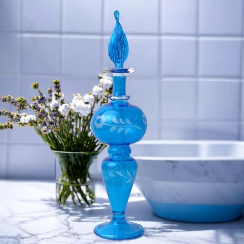 Ornamenta Hand-Blown Blue Glass Perfume Bottle with Floral Etched Design | Decorative Refillable Bottle for Essential Oils, Fragrances, and Cologne | Handmade Art Glass Decanter for Gifts, Home Décor