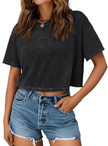 Trendy Queen Womens Crop Tops Short Sleeve T-Shirts Acid Wash Casual Summer Clothes Trendy Comfy 2026 Workout Baggy Soft Tees Black S