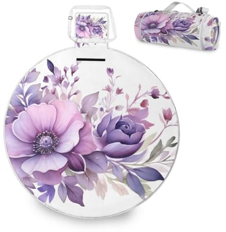 Mnsruu Große Picknickdecke, violette Blumen, wasserdicht, rund, Picknickmatte, tragbarer Teppich, Outdoor, für Strand, Camping, Park, Reisen, 148 cm