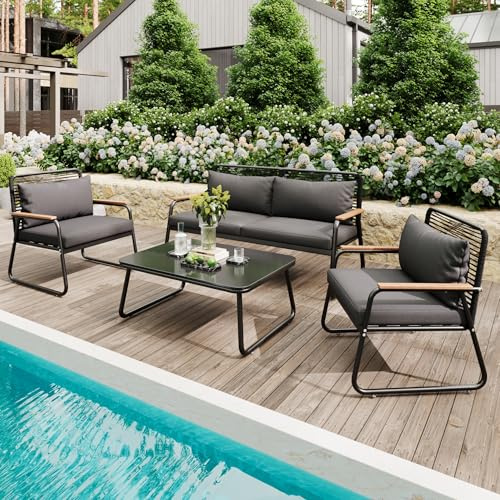 Laxnb Gartenmöbel Set Garten Lounge Möbel, Balkonmöbel, 4 Sitzer Sofagarnitur mit Couchtisch & Kissen, Gartenlounge Outdoor Patio Terrassemöbel, Gehärtetes Glas Tischplatte, Lounge Sofa Set (Schwarz)