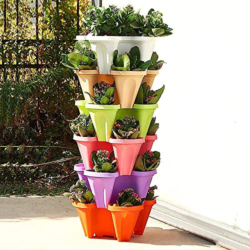 Fioriera verticale in plastica a 6 ripiani, impilabile, per erbe aromatiche, giardino, torre per interni ed esterni, versatile decorazione da giardino (colori misti)