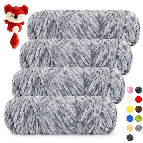 Coopay Samt Chenille Wolle zum Häkeln, 400g (4x100g) Velvet Chenillegarn, Super Flauschige Dicke Wolle zum Stricken, Weiche Samtig Chenillewolle für Schal, Decke, Pullover - Hellgrau