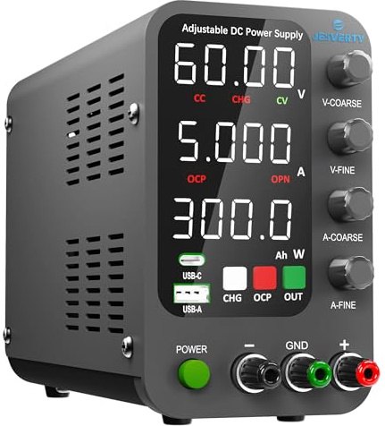 Fuente de alimentación CC Variable, 0-60V 0-5A Fuente de alimentación de Banco regulada CC con Carga rápida USB y Tipo C, Perilla codificadora,Interruptor de Encendido/Apagado de Salida Jesverty