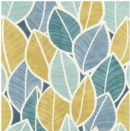 Teal Blue Ochre Leaves - Botanical Geometric Pattern - Modern Contemporary Versatile Sophisticated Wallcovering - 10.05m x 53cm Roll - Dining Room Studio Lounge Feature Wall - Paste The Wall Wallpaper