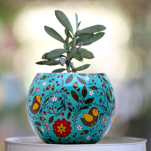 The Happy Garden Galvanised Metal Printed Ball Indoor Plant Pot, Floral & Bird Design – Decorative Metal Planter for Indoor & Outdoor Use – 5 Height – Small Pot for Plants, Flowers & Herbs