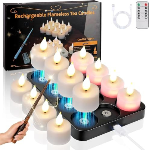 KIKILIVE velas led recargables,12 Piezas sin llama Velas de té LED con estación de carga, temporizador y Magia mando a distancia, para Navidad, Halloween, decoración del hogar