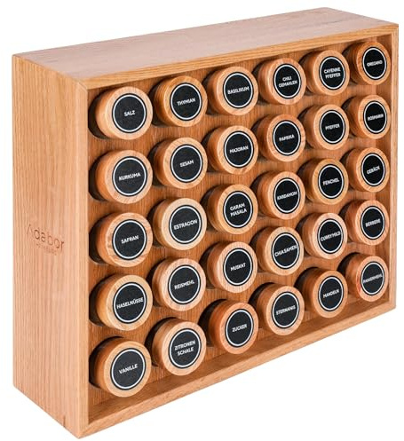 Adabor Gewürzregal aus Eichenholz stehend oder für Schublade - Spice Rack Gewürz Organizer mit 30 Gläsern - Gewürzgläser mit Deckel aus Holz + Streueinsätze+ 144 Etiketten+ Stift (Eiche natur)