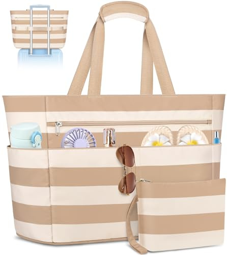 ENONEO Sac de Plage Femme Imperméable, Grand Sacs Plage XXL avec Fermeture Éclair, Ete Sac de Voyage, Anti Sable Sacs de Piscine, Sac Cabas Tote Bag pour Travail Voyages Shopping 55L
