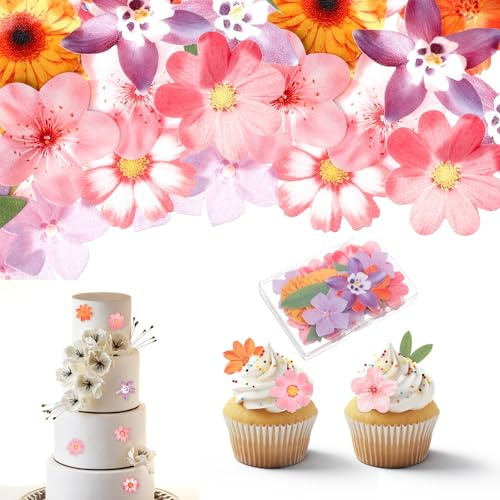 DOPENSPI 50 Stück Essbare Blumen für Torte, Oblatenpapier Tortendeko Blumen | Esspapier Tortendeko, Kuchen Deko, Tortendekos Essbar, Cupcake Topper, für Hochzeit Geburtstag, Muffin Deko, Babyparty Hawaii