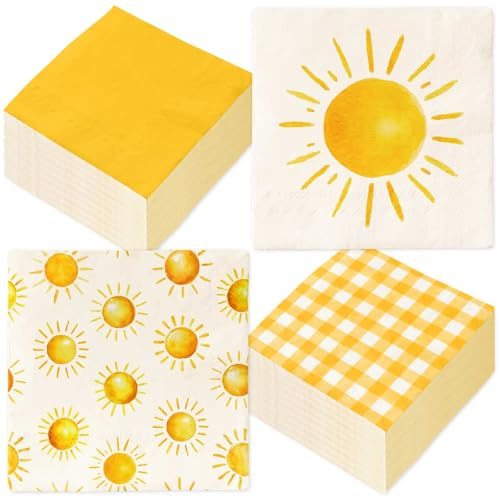 Whaline 100 Pcs Boho Sun Paper Napkins Luncheon Napkin Yellow Watercolor Sunshine Plaid Disposable Dessert Dinner Hand Napkin for Baby Shower Birthday Party Supplies