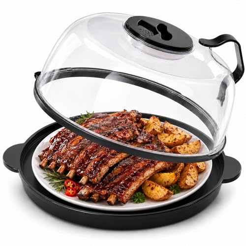 Microwave Splatter Cover with Tray & Water Steamer, BPA Free Microwave Plate Cover for Food, Tall Steam Guard with Handle for Reheating,House Warming Gifts New Home,Black