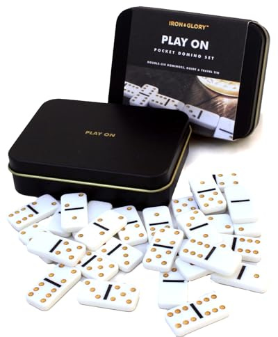 Iron & Glory Travel Dominoes Set | Dominoes Set For Adults | Travel Games | Play On Domino Game | Board Games | Mini Size Domino Deluxe Tin Case | Pocket Size | Family Night Gameplay | Gifts For Him