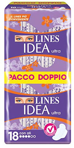 Lines Idea Ultra con Ali, 18 assorbenti per il giorno. Ipoallergenico e Neutralizza Odori, con cuore Lines assorbente con 3 mm di spessore.
