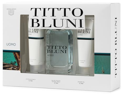 TITTO BLUNI - Estuche de Regalo Hombre, Colonia 75 ml + After Shave + Gel de Baño, Eau de Toilette Masculina, Aroma Frutal Amaderado, Fragancia Fresca, Elegante y de Larga Duración