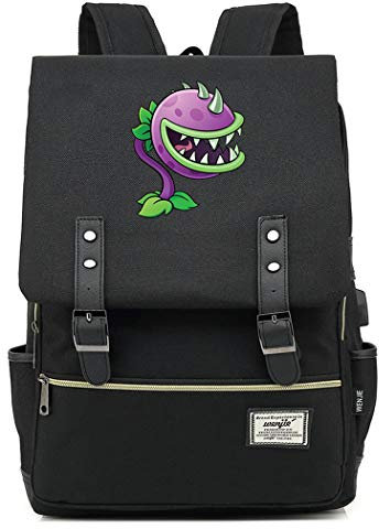 WANHONGYUE Plants vs. Zombies Spiel Schulrucksack Schulranzen Studententasche Vintage Backpack 15,6 Zoll Laptop Rucksack mit USB-Ladeanschluss Black / 1