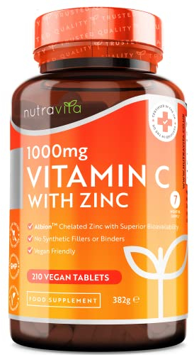 Vitamin C and Zinc Tablets - High Strength Vitamin C 1000mg with Albion® Zinc 15mg for better Absorption - 7 Month Supply - Vit C Zinc Supplements for Normal Immune System - 210 Vegan Tabs - Nutravita