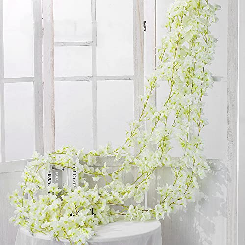 Duories 1 Stück Künstliche Kirschblüten Girlanden Blumengirlande Blumen Rebe Seidenblumen Girlanden Hängende Kunstblumen Girlande Deko für Hochzeit Party Haus Garten Bogen Wände,135 Blütenköpfe Weiß
