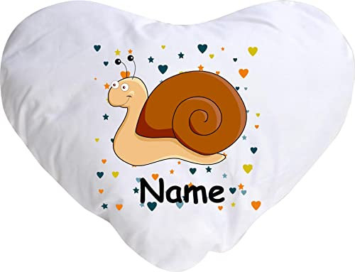 Shirtinstyle Kuschelkissen Schnecke mit Wunschnamen Tiermotiv Herzen Sterne, Kinderzimmer Kuscheln, Kopfkissen Dekokissen mit Füllung, Form Herz Größe 40X44cm, Farbe weiß