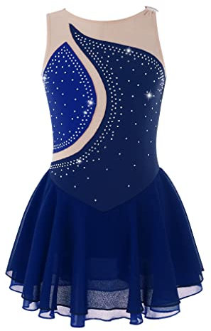 Yeahdor Mädchen Eiskunstlauf Kleid Kurz Ärmellos Tanzkleid mit Strass Glitzer Ballettkleid Turnanzug Wettbewerb Auftritt Ballettkleidung Aa Dunkelblau O 134-140