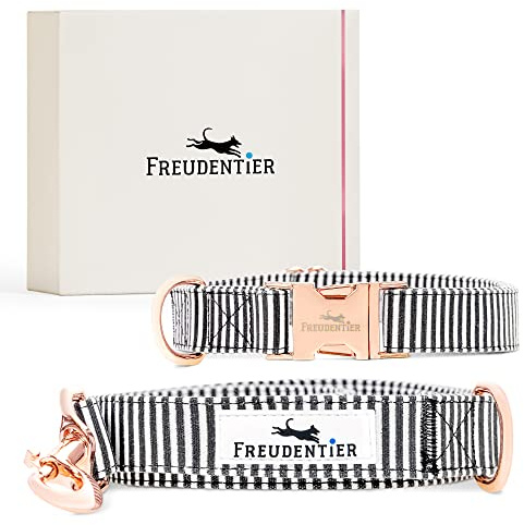 FREUDENTIER® Hundehalsband & Hundeleine aus Canvas im Set - 2m lang & 3-Fach verstellbar - Lighthouse Kollektion (41-63cm, Schwarz/Weiss)
