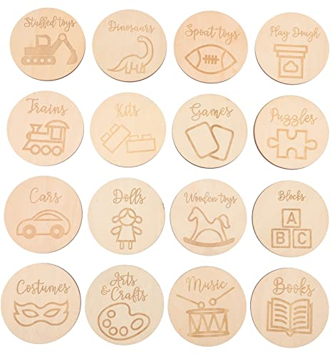 KOMBIUDA 16Stücke Runde Holz Tags Runde Holzscheiben Holz Ornament für Spielzeugboxen Beschreibbare Klebe Etiketten aus Kraftpapier Ideal für Bastelprojekte und Organisation