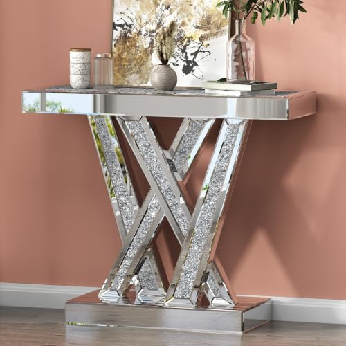 SHYFOY Rechteck Konsolentisch,Glas Spiegel,Eingangshalle,Tisch Crystal mit stabilem MDF-Rahmen, für Schlafzimmer, Wohnzimmer, Flur, Dekoration, Silber, 90 x 75 x 30 cm Couchtisch Beistelltisch