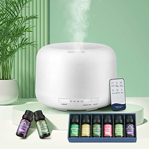 Aroma Diffuser Ätherische Öle, 500ML mit 6 Ätherischen Ölen Duftöl Diffuser, Ultrasonic 18 dB Raumduft Elektrisch, 7 Farbe+Musik-Player Defuser Luft Aroma Öle,Diffusor mit Fernbedienung,2 Nebelmodi