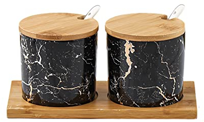 Set of 2 Ceramic Spice Jars with Spoon and Bamboo Tray, Marble Seasoning Spice Pots Bowl Round Seasoning Box Marble Salt Cellar Set for Salt, Sugar, Pepper (Color : Black)