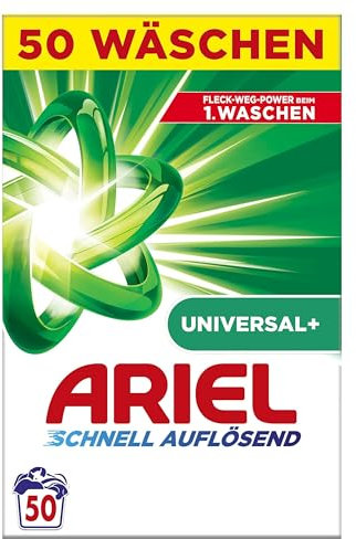 Ariel Lessive en poudre universelle à dissolution rapide + 3 kg, 50 lavages, excellente élimination des taches