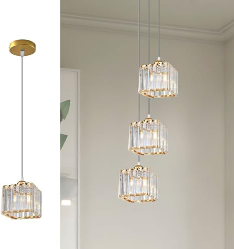 LEDSone Modern Crystal Chandeliers Pendant Light 13X14 cm Glass Shade Ceiling Lamp with 95 cm Adjustable Cable Lighting Fixture Ideal for Dinning Room Bedroom Hallway Bar (Gold(Without Bulb))