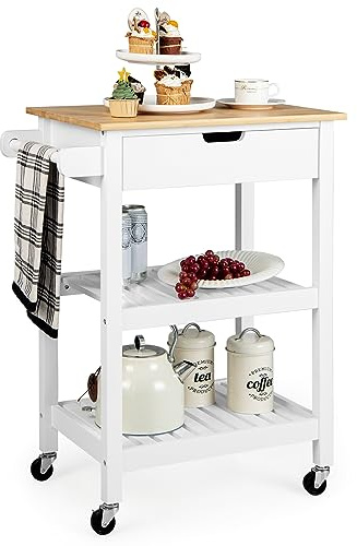 COSTWAY Isla de Cocina Rodante de Bambú con Cajón, Toallero Lateral y Asa de Empuje, 2 Estantes Abiertos, Carro para Microondas, Carrito de Bar Móvil para Cocina, Comedor y Sala de Estar (Blanco)