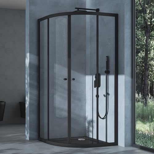 doporro Cabine de Douche Quart de Cercle 80x80x190cm Portes Coulissantes | Pare-Douche, Verre Transparent, Profilé Noir, Montage Réversible, Ravenna32K