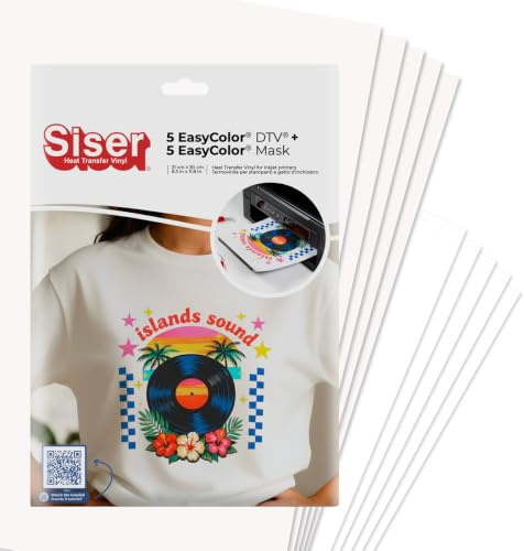 Siser Easy Color DTV Pack 5 + 5 överföringsfolie för strykning, skrivbar med bläckstråleskrivare, 5 ark A4 Easy Color och 5 ark A4-applikationstejp