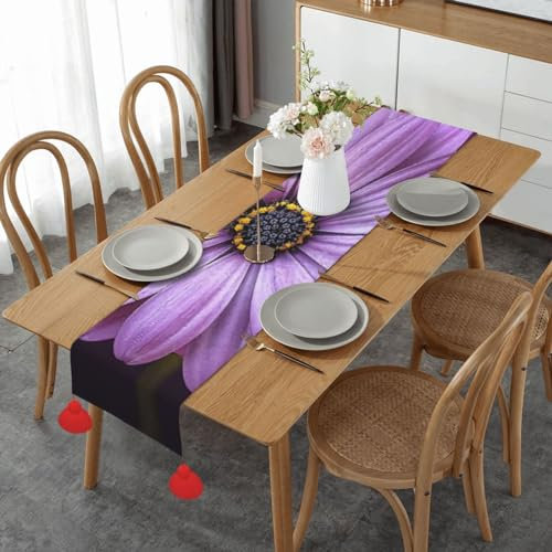 Lila Chrysanthemen Weihnachten Tischläufer 152,4 x 35,6 cm – Rechteckige Weihnachtstischdecke mit roter Quaste für Hochzeit Weihnachten Home Party Dekor