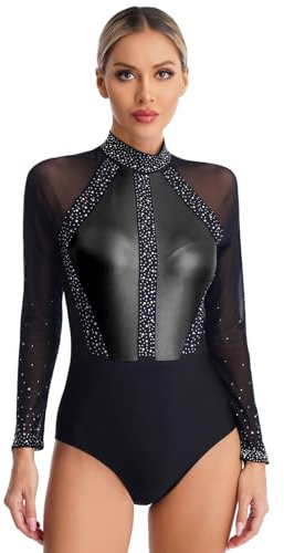 Jugaoge Maillot de ballet para mujer, traje de gimnasia de manga larga, cuello alto, malla, patchwork, danza, body brillante, estrás, leotardo patinaje artístico, Negro , S