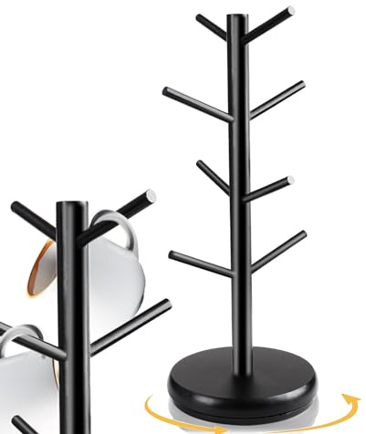 BigKing Black Coffee Mug Holder, Bamboo Cup Holder, Rotating with 8 Hooks and Thick Base, Coffee Cup Stand for Coffee Bars, Kitchen Organizer Storage Stand