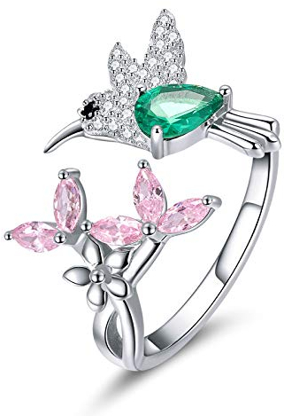 Halskette Damen,Fingerringe aus 100% 925er Sterlingsilber, verstellbar, Kolibri-Geschenk, leuchtende klare CZ-Fingerringe für Damen, Silberschmuck