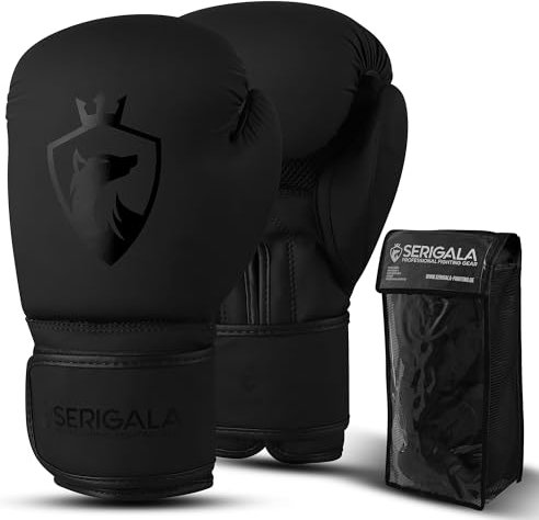 Serigala Boxhandschuhe mit idealer Stabilität und Schlagkraft - Punching Handschuhe für Boxen, MMA, Muay Thai, Boxsack Training und Sparring - Inklusive Tasche schwarz/schwarz 12 oz