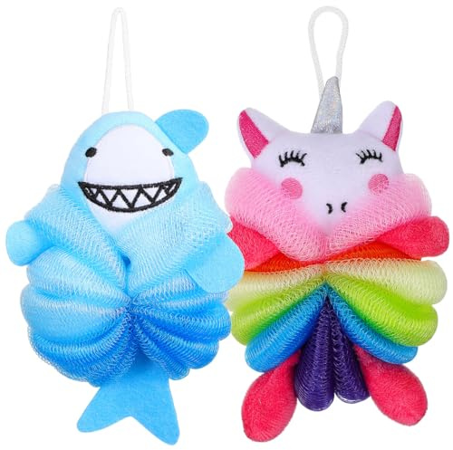 2 esponjas de baño para niños, lindas para la ducha, esponja de lufa, unicornio de dibujos animados, esponja de ducha, detergente corporal, estropajo