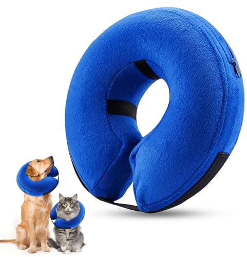 FANWINKJ Aufblasbare Halskrause Hund mit verstellbarem Klettverschluss, geeignet für mittelgroße und große Hunde, die Sich von Einer Operation oder Verletzung erholen(Blau L)