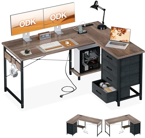 ODK Hörnskrivbord med 4 Tyglådor, 135x100cm, Grå Ek | 4 Förvaringslådor, L-formigt Bord med Hyllor, Reversibel Design, USB och Inbyggda Eluttag för Hemmakontor