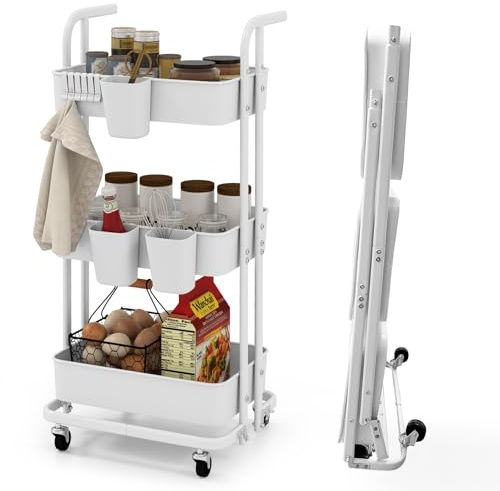COSTWAY Carrello a 3 Ripiani, Carrello da Cucina Pieghevole con 3 Tazze Appendibili e 6 Ganci, Carrello da Conservazione Multiuso per Casa Ufficio, 45 x 37 x 92 cm