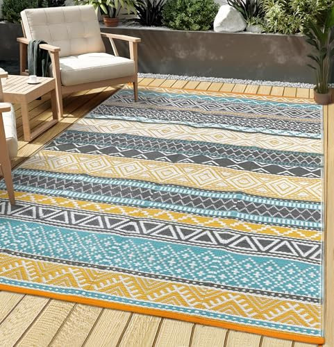 COZYLOOM Outdoor-Teppich, wasserdicht, 2,4 x 3 m, wendbar, Terrassenteppich, Boho-Druck, Campingteppich, Kunststoff, Strohteppich, geometrische Wohnmobil-Matte für Terrasse, Camping, Picknick,