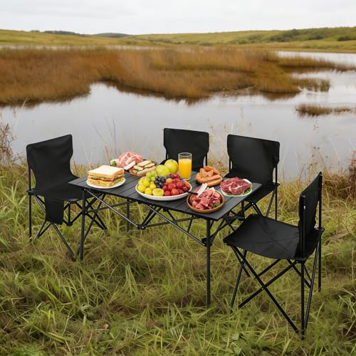 ilkqeppe Ensemble table et chaises de camping, table pliante avec 4 chaises, ensemble de table d'extérieur portable pour la pêche, le barbecue, le pique-nique, les fêtes de jardin avec grand